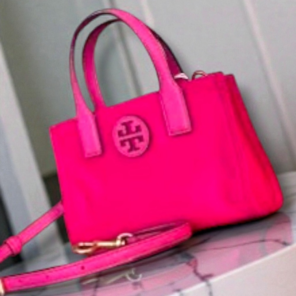 Tory Burch Ella Mini Tote Bag Neon Pink Nylon Crossbody Strap Attachment GHW NEW